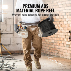 Black braided nylon climbing rope, 3/16" thick, 1000 ft long, with a 720 lbs breaking strength.