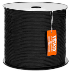 Black braided nylon climbing rope, 3/16" thick, 1000 ft long, rated for 720 lbs.