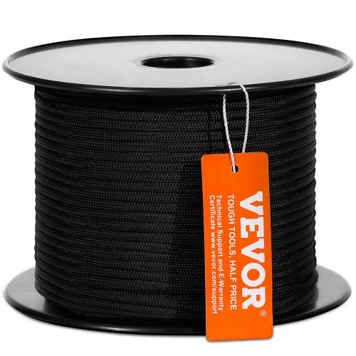 Black braided nylon rope, 3/16" diameter, 250ft long, with 720 lbs strength for durability.
