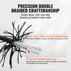 Black braided nylon rope, 3/16" diameter, 250ft length, with 720 lbs strength on an ABS reel.