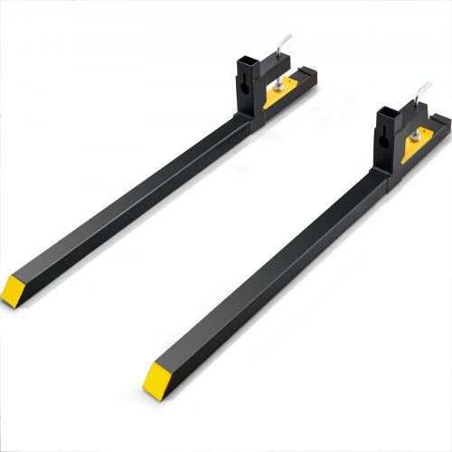 Pair of black 60-inch clamp-on pallet forks with yellow tips and adjustable stabilizers for 2000 lbs capacity.