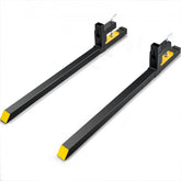 Pair of black 60-inch clamp-on pallet forks with yellow tips and adjustable stabilizers for 2000 lbs capacity.