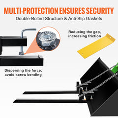 Clamp-on pallet forks with 60-inch tines, double-bolt structure, anti-slip gaskets, and 2000 lbs capacity on a loader bucket.