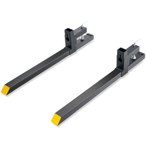 Pair of black 43-inch clamp-on pallet forks for tractors and skid steers, rated 2000 lbs.