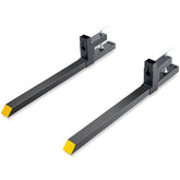 Pair of black 43-inch clamp-on pallet forks for tractors and skid steers, rated 2000 lbs.