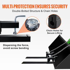 Clamp-on pallet forks with 43-inch frame, double-bolted structure, chain holes, and reinforced bolts for a tractor skid steer.