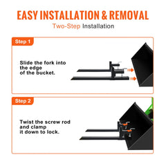 Diagram showing two-step installation of clamp-on pallet forks: slide forks into bucket edge, then twist screw rod to lock clamp.
