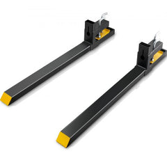 Pair of black 60-inch clamp-on pallet forks with yellow tips for tractor buckets, rated 4000 lbs.