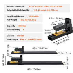 Clamp-on pallet forks with 60-inch length and 4000 lbs capacity for tractor buckets, showing dimensions and components.