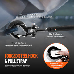 Bostome 3/16" x 50' synthetic winch rope with a forged steel hook and protective sleeves.