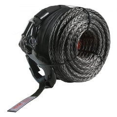 Bostome 3/8" x 100' synthetic winch rope with hook and sleeve, featuring durable construction.