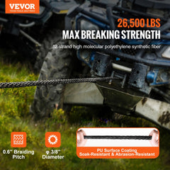 Bostome 3/8" x 100' synthetic winch rope with hook and protective sleeve, lightweight and durable.