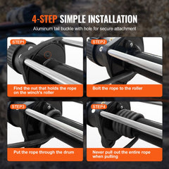 Bostome 3/8" x 100' synthetic winch rope with a hook, sleeve, and protective nylon cover.