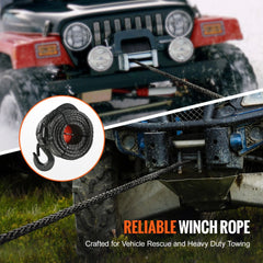 Bostome 3/8" x 85' synthetic winch rope with a forged steel hook and protective sleeves.