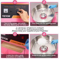 Four-step diagram showing how to use a pink electric cotton candy machine with cart.