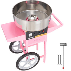 Pink Bostome 1000W electric cotton candy machine with stainless steel bowl and wheeled cart.