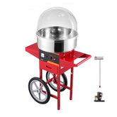 Red Bostome commercial cotton candy machine with cart and large stainless steel bowl.