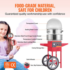 Red commercial cotton candy machine with cart, stainless steel bowl, and temperature control knob.