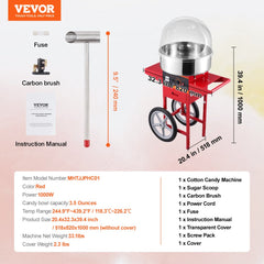 Red Bostome commercial cotton candy machine with cart and stainless steel bowl for high-volume use.