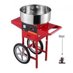 Red Bostome commercial cotton candy machine on a cart with a stainless steel bowl and wheels.