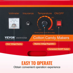 Red Bostome commercial cotton candy machine with cart, 1000W motor and stainless steel bowl.