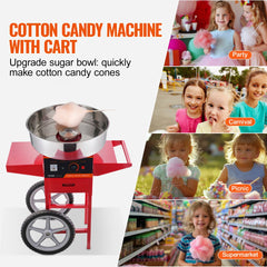 Red Bostome commercial cotton candy machine with cart and stainless steel bowl for high-volume use.