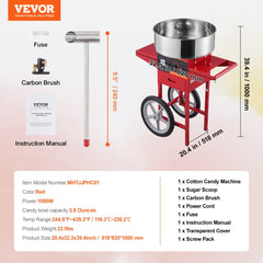 Red Bostome commercial cotton candy machine with cart and stainless steel bowl for high-volume use.