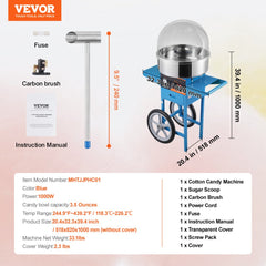 Bostome commercial cotton candy machine in blue with cart, featuring a stainless steel bowl.