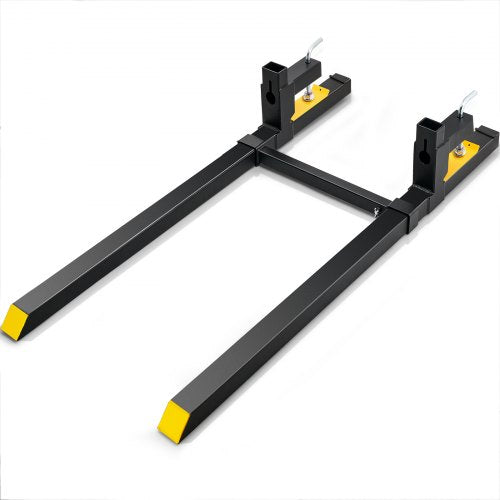 Black clamp-on pallet forks with 60-inch length and 2000 lbs capacity for tractor buckets.