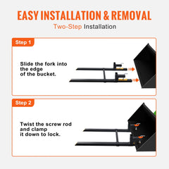 Diagram showing two-step clamp-on installation of pallet forks on a tractor bucket.