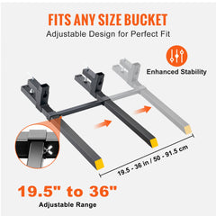 Adjustable clamp-on pallet forks for tractor buckets, 43 inches long with 2000 lbs capacity.