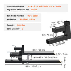 43-inch clamp-on pallet forks for tractors with 2000 lbs capacity and adjustable stabilizer bar.
