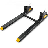 Black clamp-on pallet forks with 60-inch tines and adjustable yellow stabilizer bar.