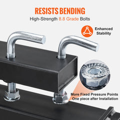 Clamp-on pallet forks with 60-inch tines, adjustable stabilizer bar, and high-strength bolts for enhanced stability.