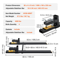 Clamp-on pallet forks with 60-inch tines, 4000 lbs capacity, and adjustable stabilizer bar.