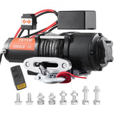 Bostome 12V 4500 lb electric winch with nylon rope, remote, and mounting hardware for ATVs and UTVs.