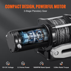 Compact 12V electric winch with 4500 lb capacity, nylon rope, and 3-stage planetary gear.