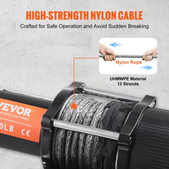 Bostome 12V 4500 lb electric winch with high-strength nylon rope on drum.