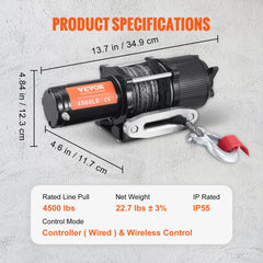Bostome 12V 4500 lb electric winch with nylon rope, IP55 rating, and dimensions shown.