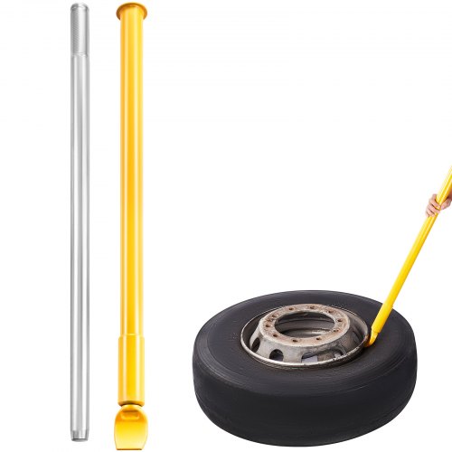 46.3-inch heavy-duty steel tire bead breaker slide hammer with silver and yellow handles, shown breaking a truck tire bead.