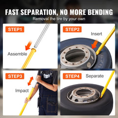Four-step diagram showing assembly, insertion, impact, and separation using a 46.3-inch steel tire bead breaker slide hammer on a vehicle wheel.