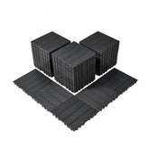 Dark grey interlocking deck tiles in a 54-pack, each measuring 12"x12".