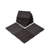 Dark brown interlocking deck tiles, 12"x12", waterproof with slip-resistant surface and drainage grooves.