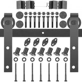 Black carbon steel sliding barn door hardware kit with 9FT track, rollers, brackets, and screws.