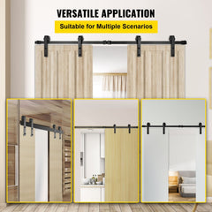 Black 9FT sliding barn door hardware kit with nylon rollers and adjustable stoppers.