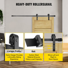 10ft sliding barn door hardware kit with carbon steel rail, hangers, and pulleys for 330lbs capacity.