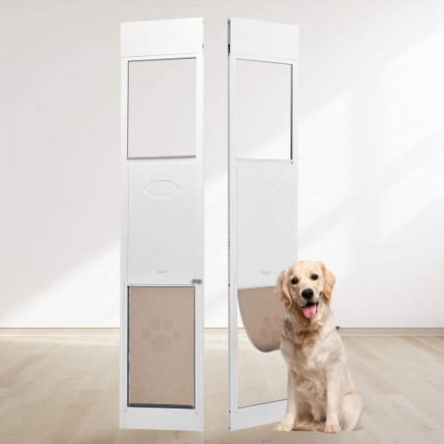 White XL dog door panel for sliding glass doors with adjustable height, shown open with a golden retriever passing through.