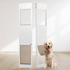White XL dog door panel for sliding glass doors with adjustable height, shown open with a golden retriever passing through.