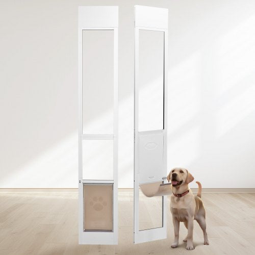 White adjustable dog door installed in sliding glass panels, with a Labrador standing beside the open flap.