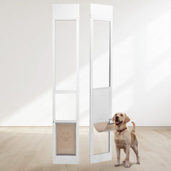White adjustable dog door installed in sliding glass panels, with a Labrador standing beside the open flap.